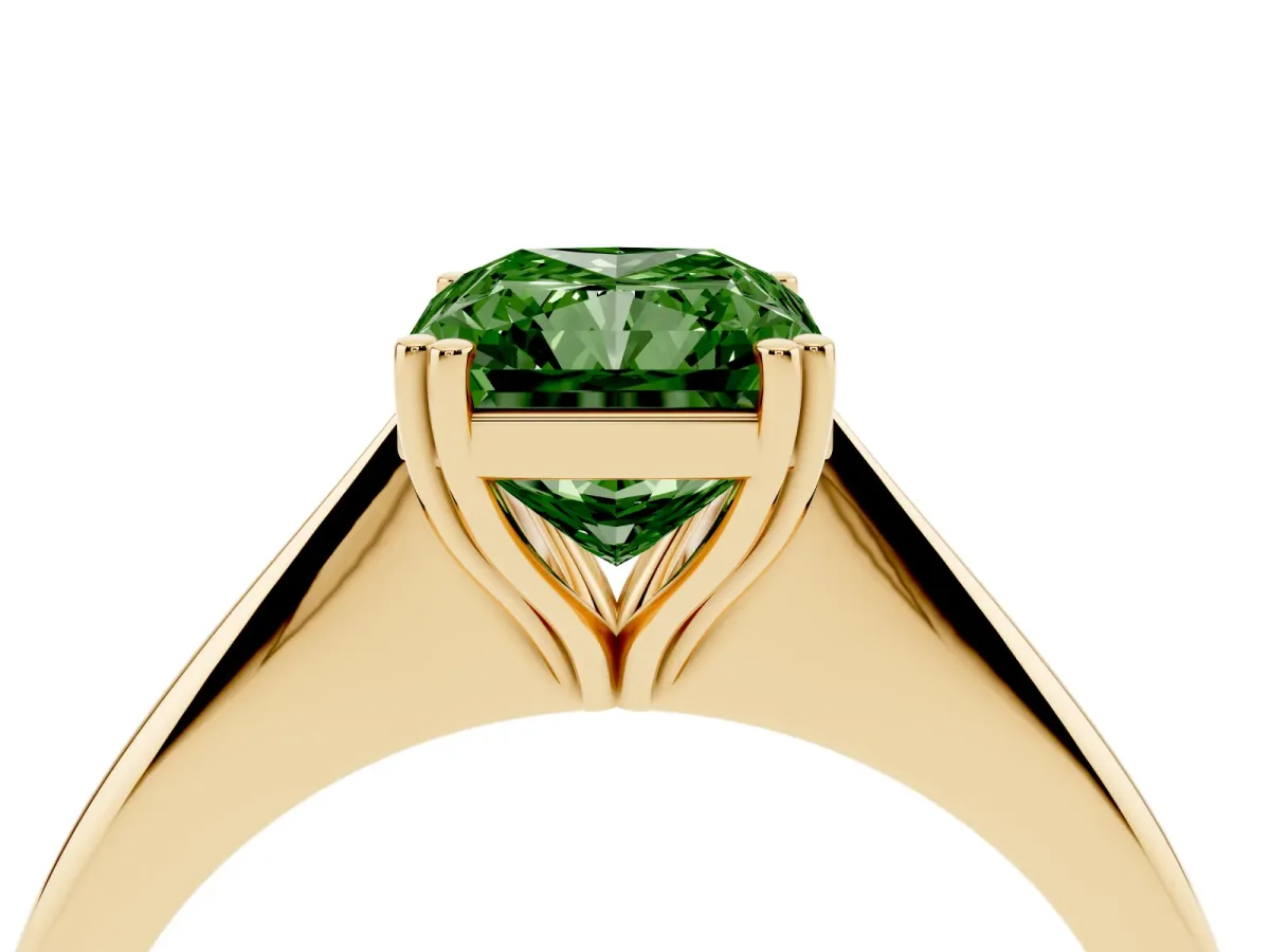 Fancy Green Radiant Cut Solitaire Diamond Ring with Six-Prong Setting and Classic Band Yellow gold
