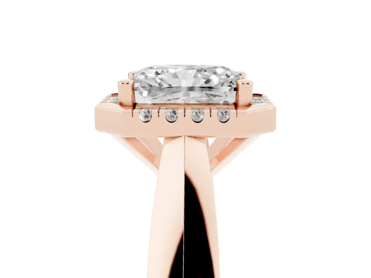 Radiant Cut Cut Halo Solitaire Engagement Ring with Square Band and Four-Prong Setting Rose gold