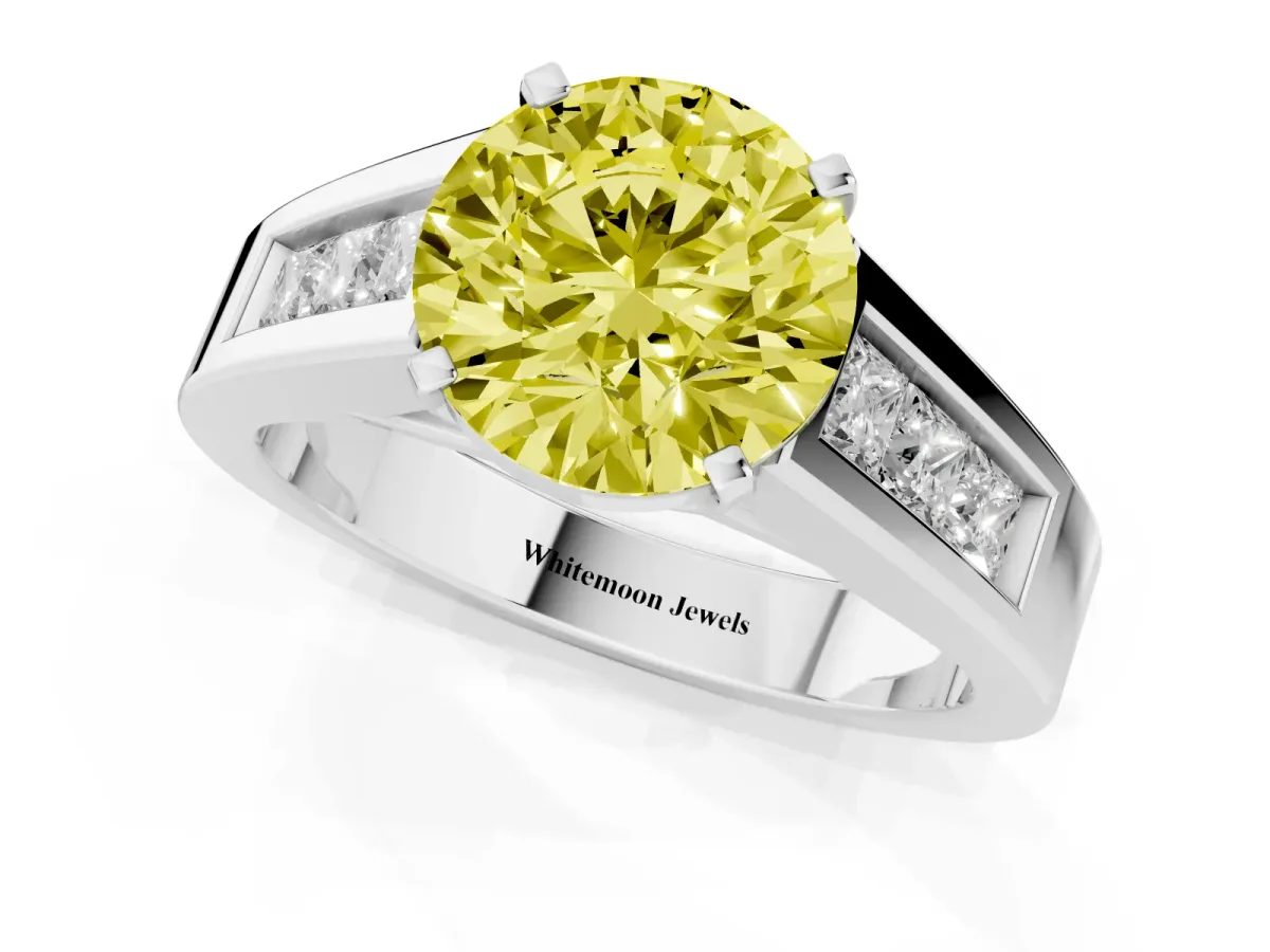 Fancy Yellow Round Cut Cut Channel Set Solitaire Ring with Four-Prong Setting Silver