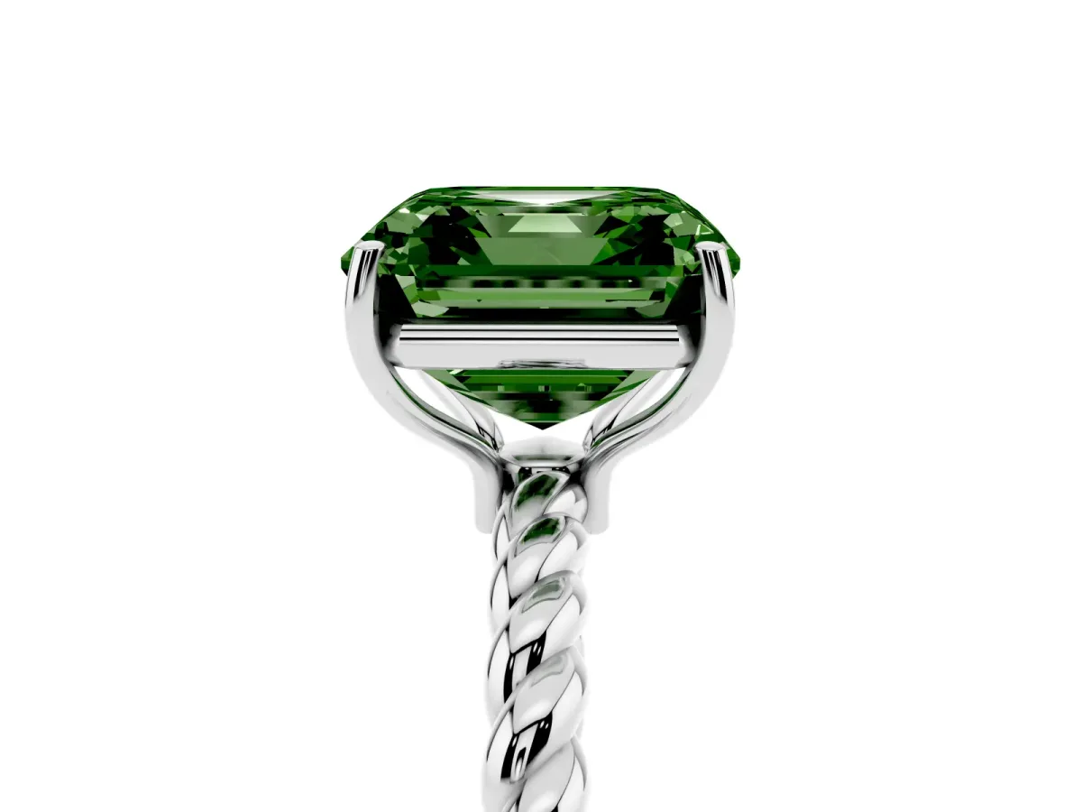 Fancy Green Asscher Cut Solitaire Twist Band Ring with Four-Prong Setting Silver