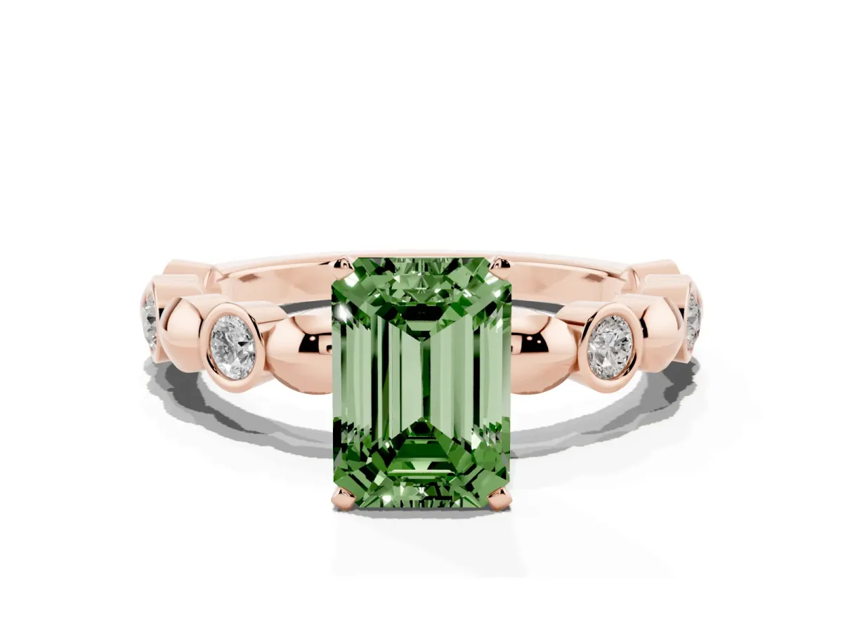 Fancy Green Emerald Cut Solitaire Bezel-Set Diamond Ring with Beaded Band and Four-Prong Setting Rose gold