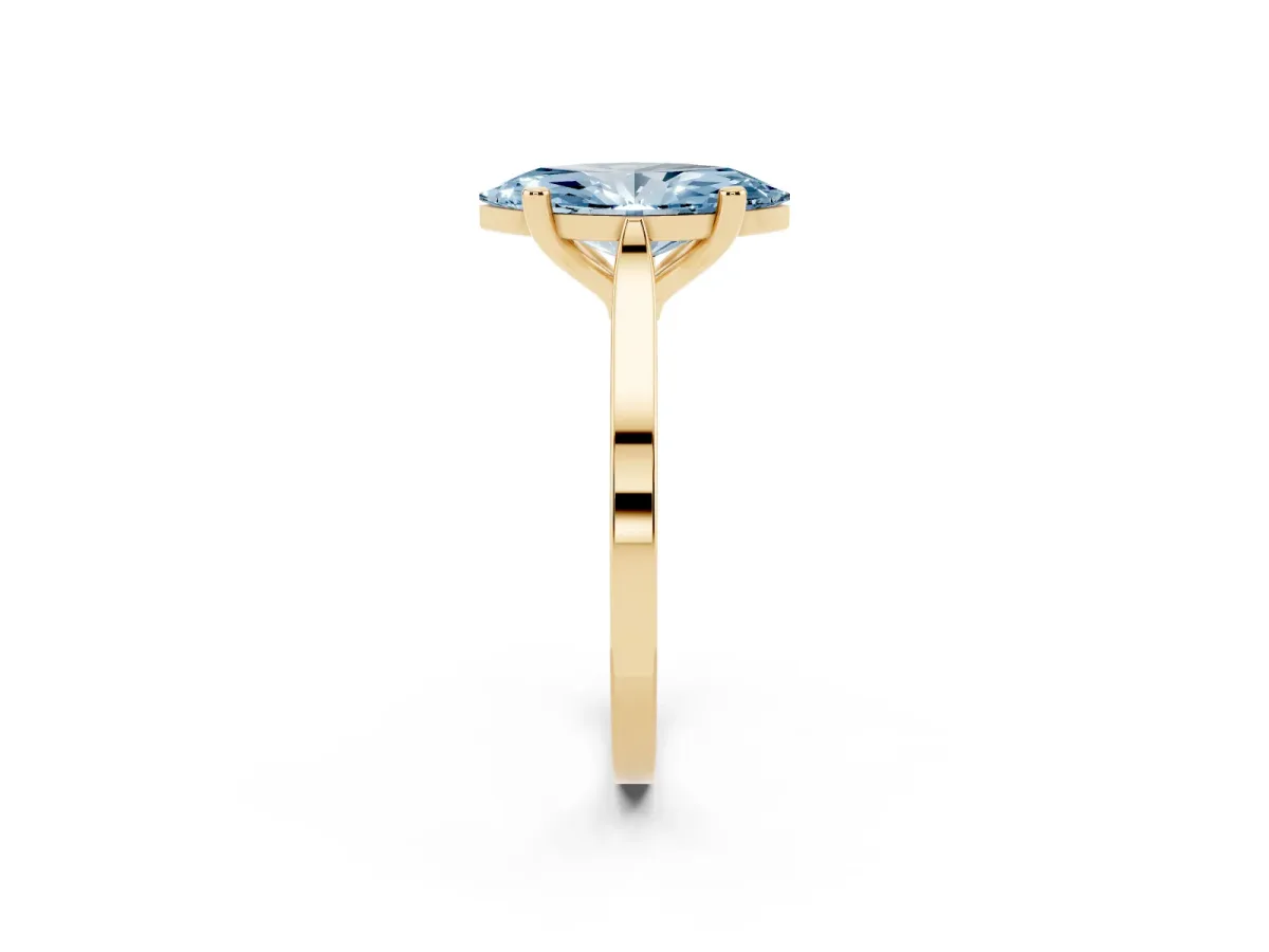 Fancy Blue Marquise Cut Solitaire Diamond Ring with Four-Prong Setting and Tapered Band Yellow gold