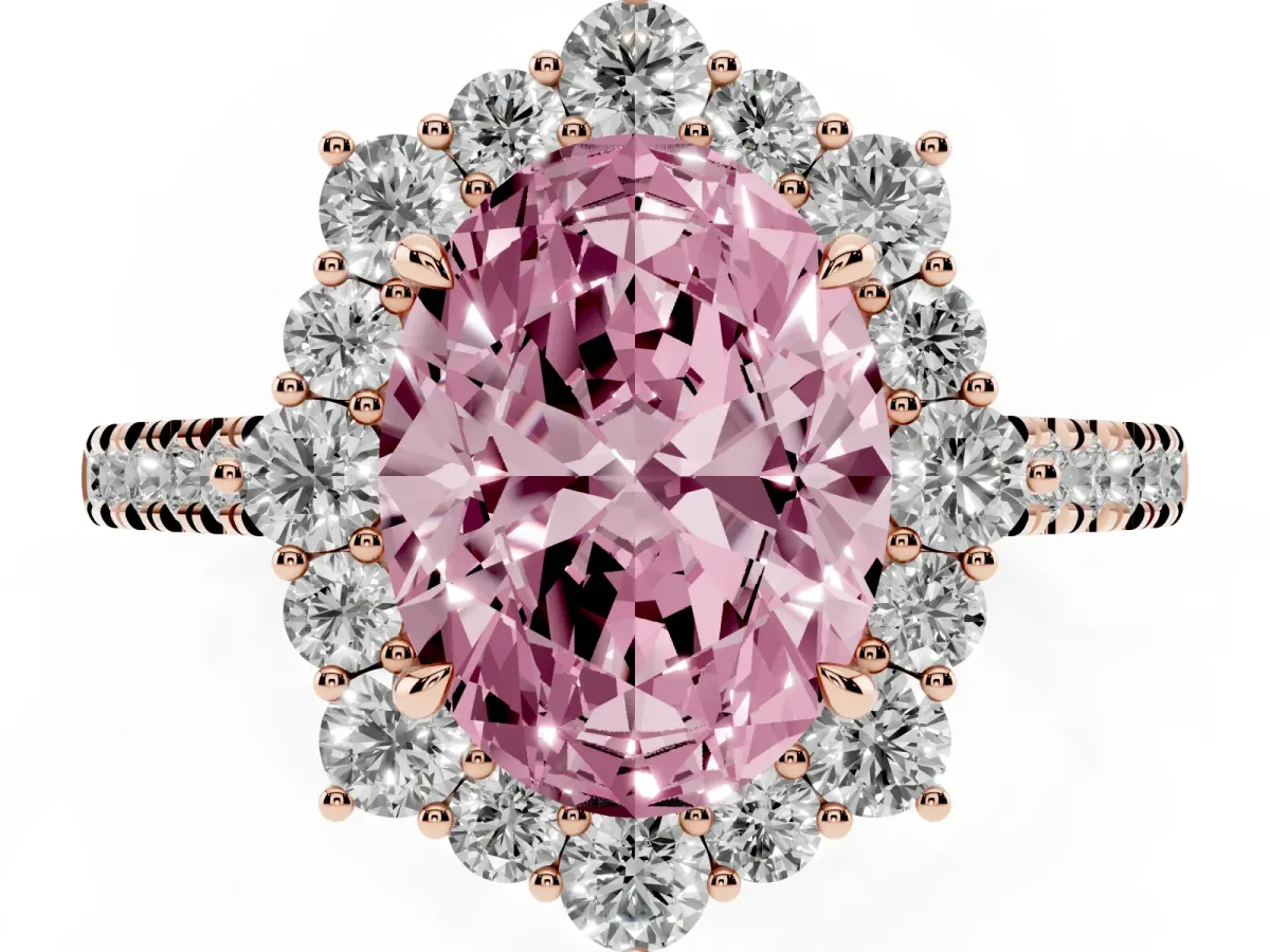 Fancy Pink Oval Cut Halo Diamond Ring with Pavé Band and Prong Setting Rose gold