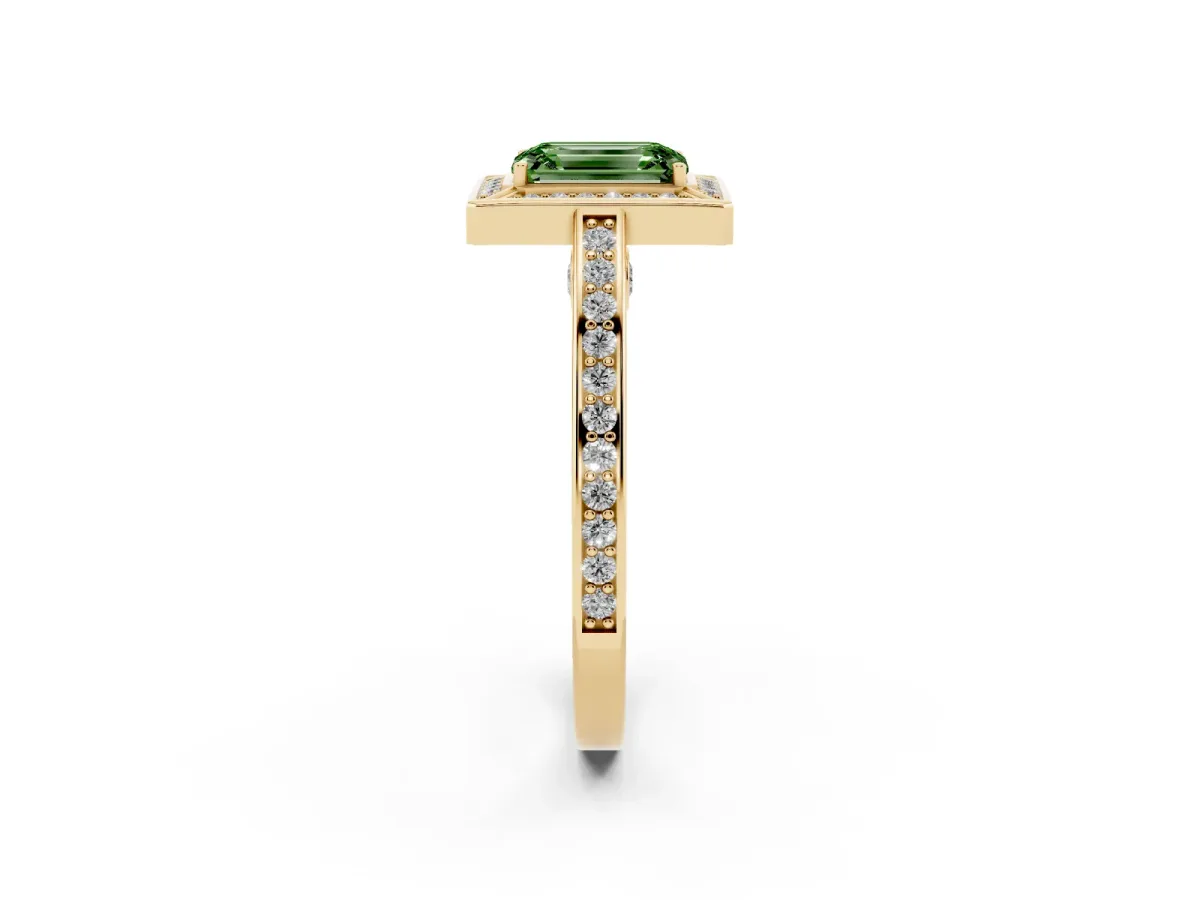 Fancy Green Emerald Cut Cut Halo Pave Split Shank Prong Setting Ring Yellow gold