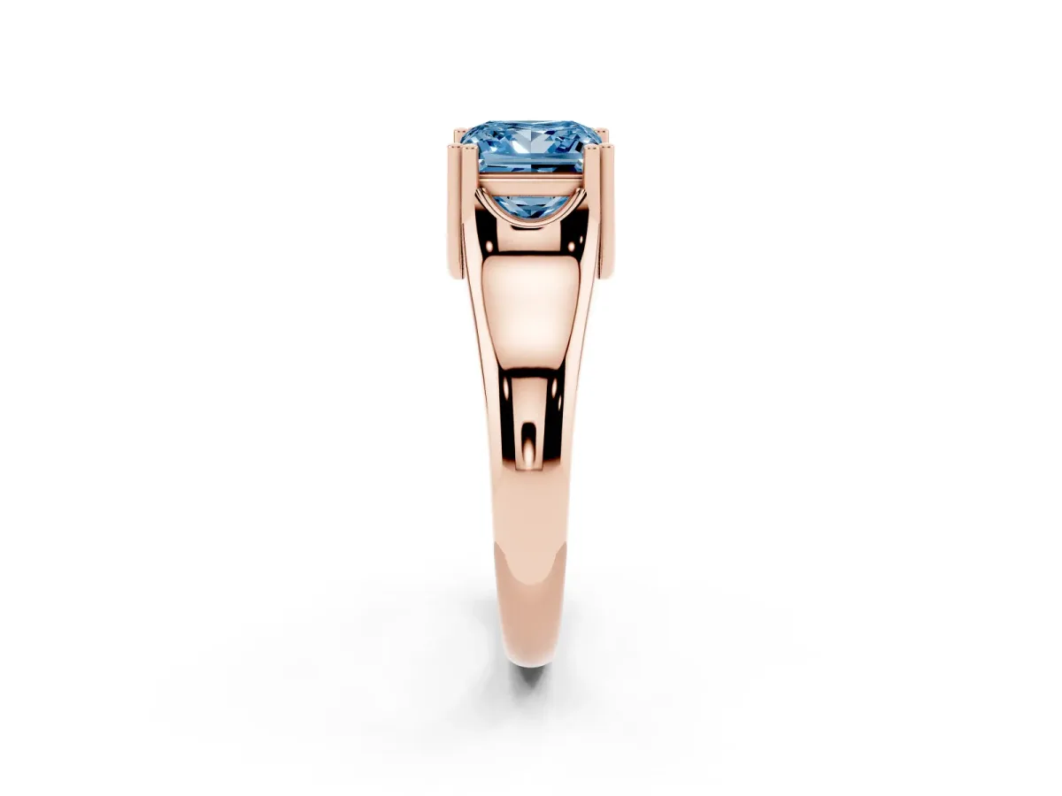 Fancy Blue Princess Cut Diamond Solitaire Ring with Wide Band and Prong Setting Rose gold