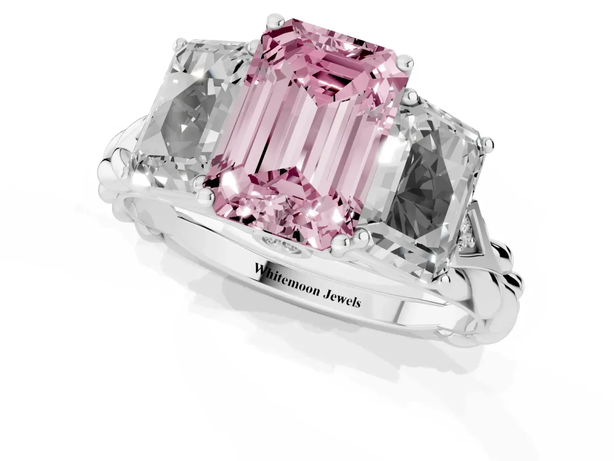Fancy Pink Three-Stone Radiant Cut Diamond Braided Band Ring with Four-Prong Setting Platinum