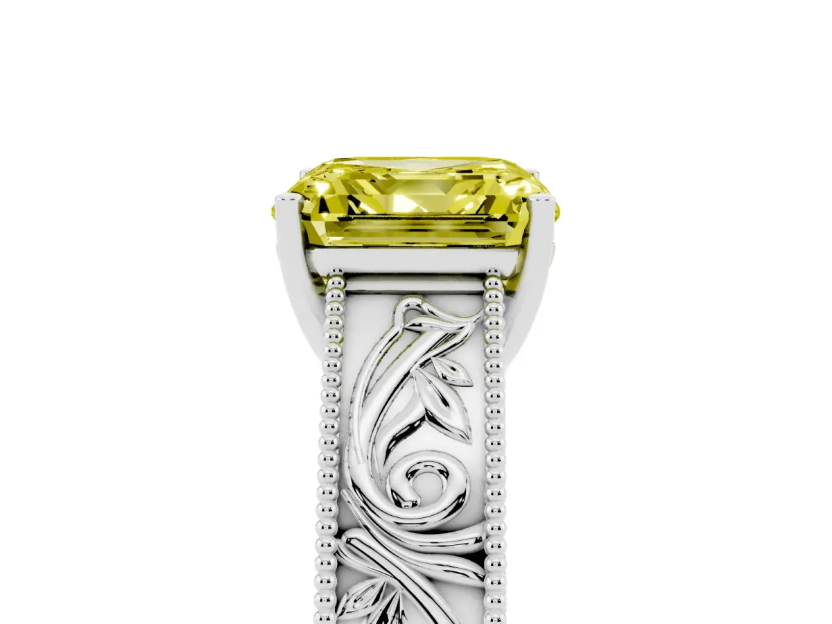 Fancy Yellow Asscher Cut Diamond Solitaire Ring with Engraved Band and Four-Prong Setting Platinum