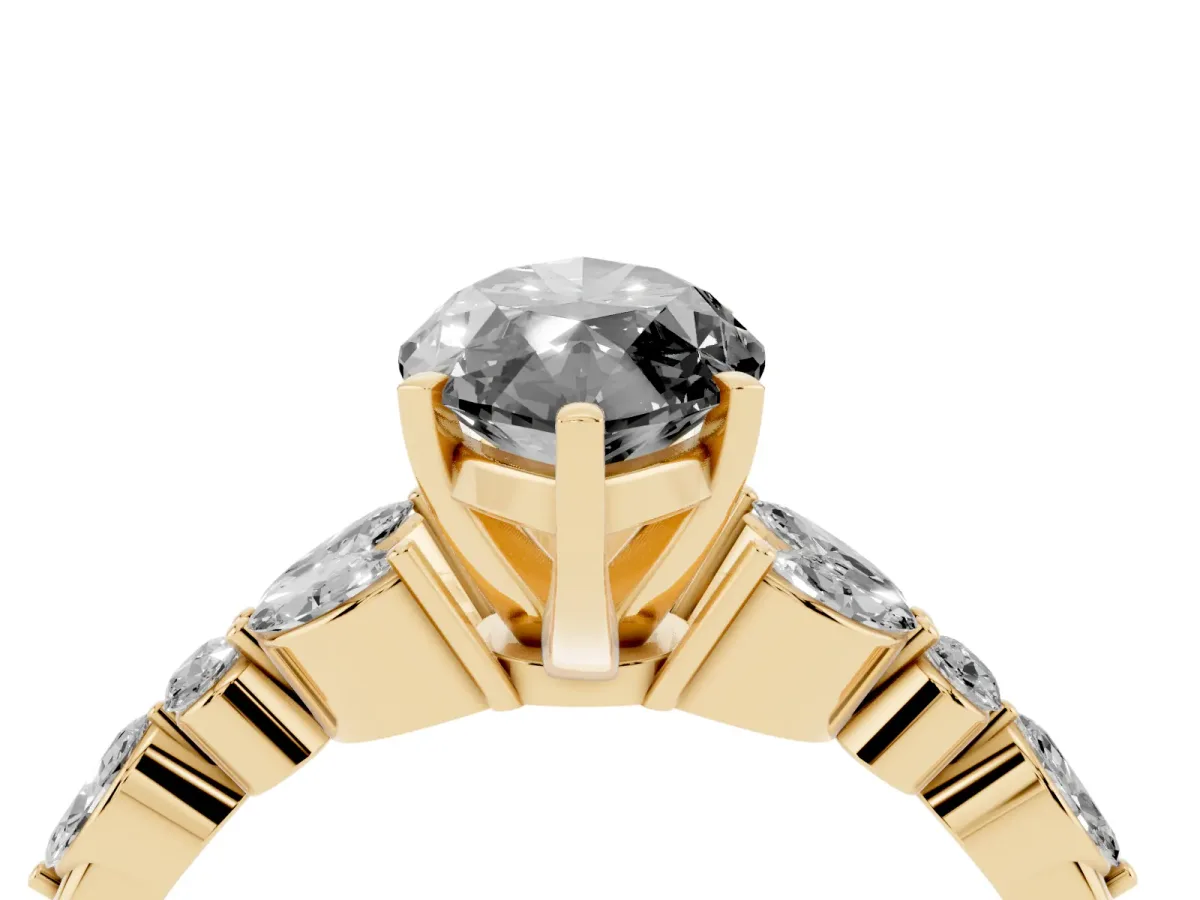 Fancy Black Marquise Cut Diamond Solitaire Ring with Side Stones and Four-Prong Setting Yellow gold