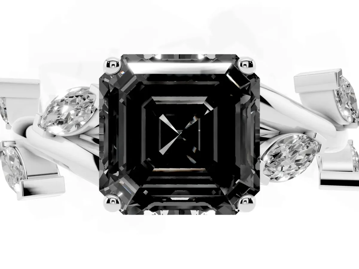Fancy Black Asscher Cut Solitaire Twisted Band Marquise Accent Prong Setting Ring Platinum