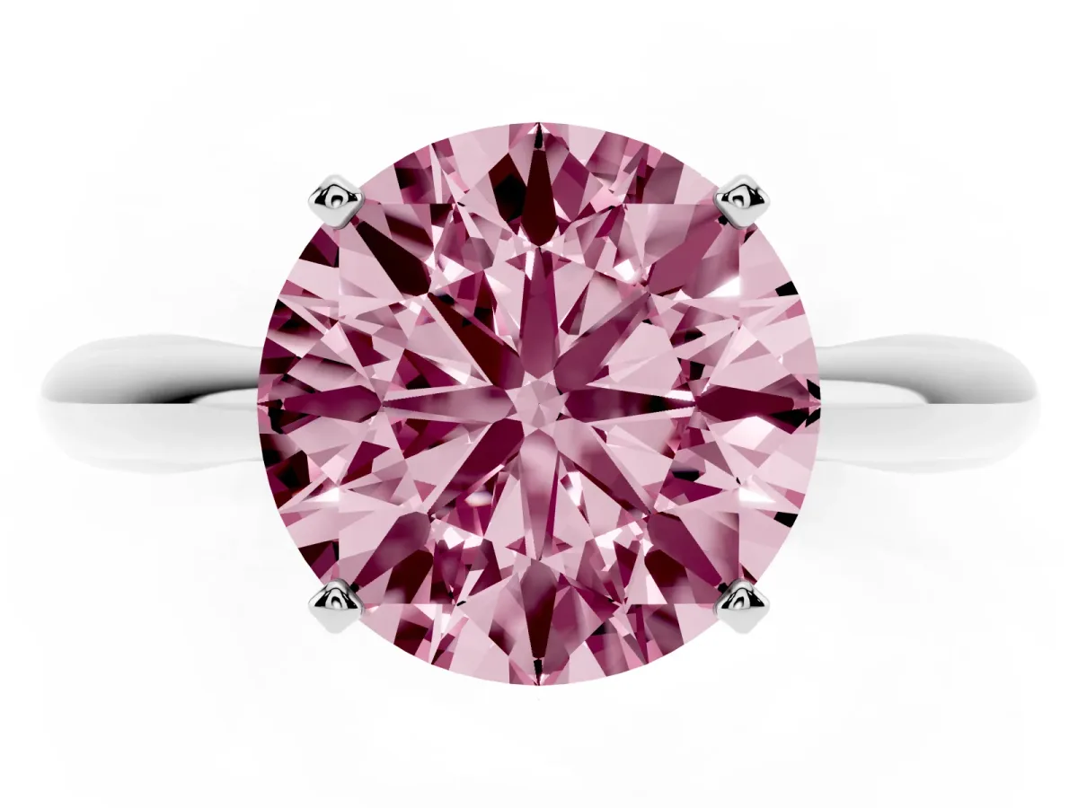 Fancy Pink Round Cut Diamond Solitaire Engagement Ring with Cathedral Setting and Four-Prong Mount Silver