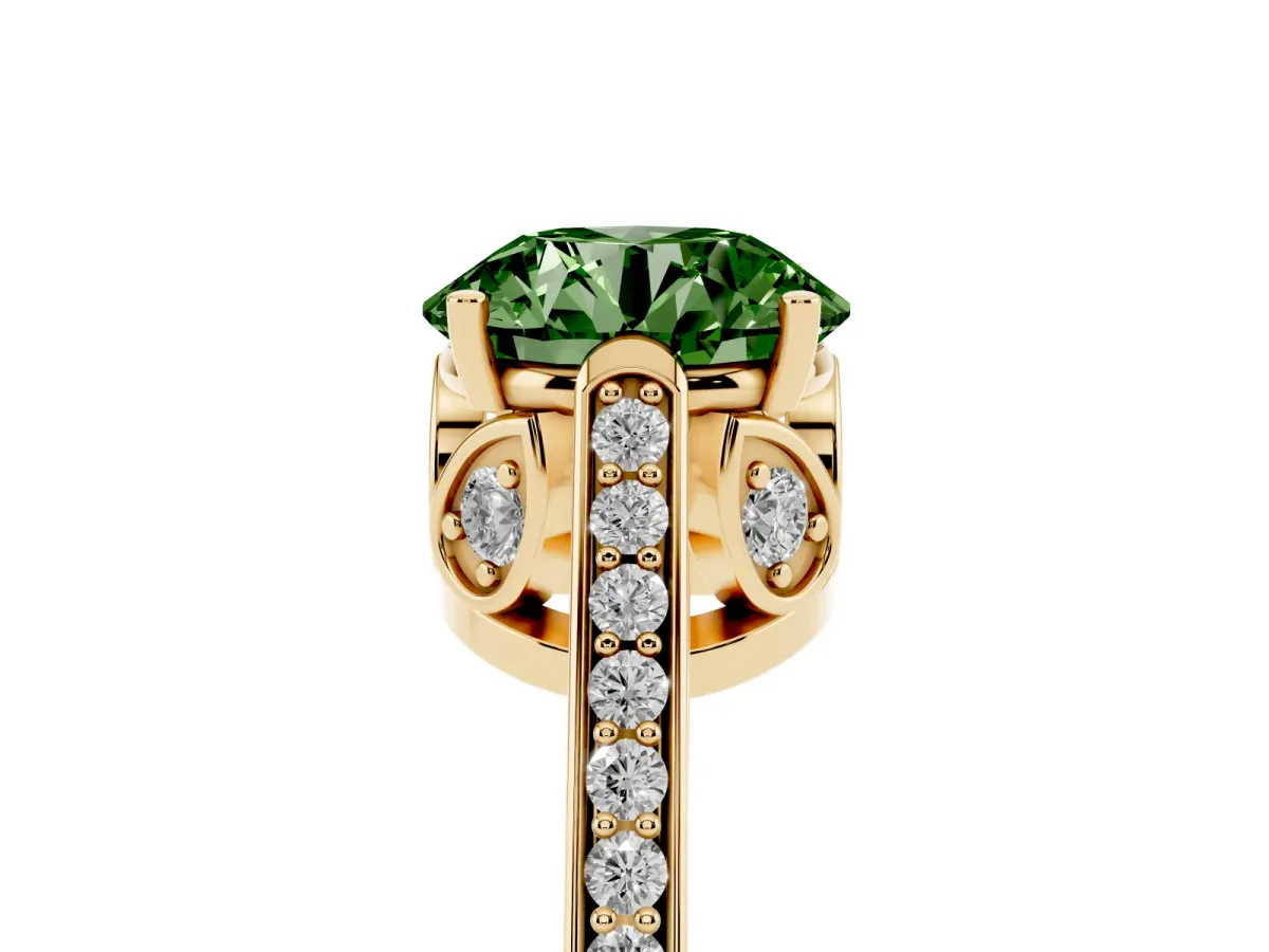 Fancy Green Round Cut Cut Cathedral Pave Diamond Engagement Ring with Six-Prong Setting Yellow gold