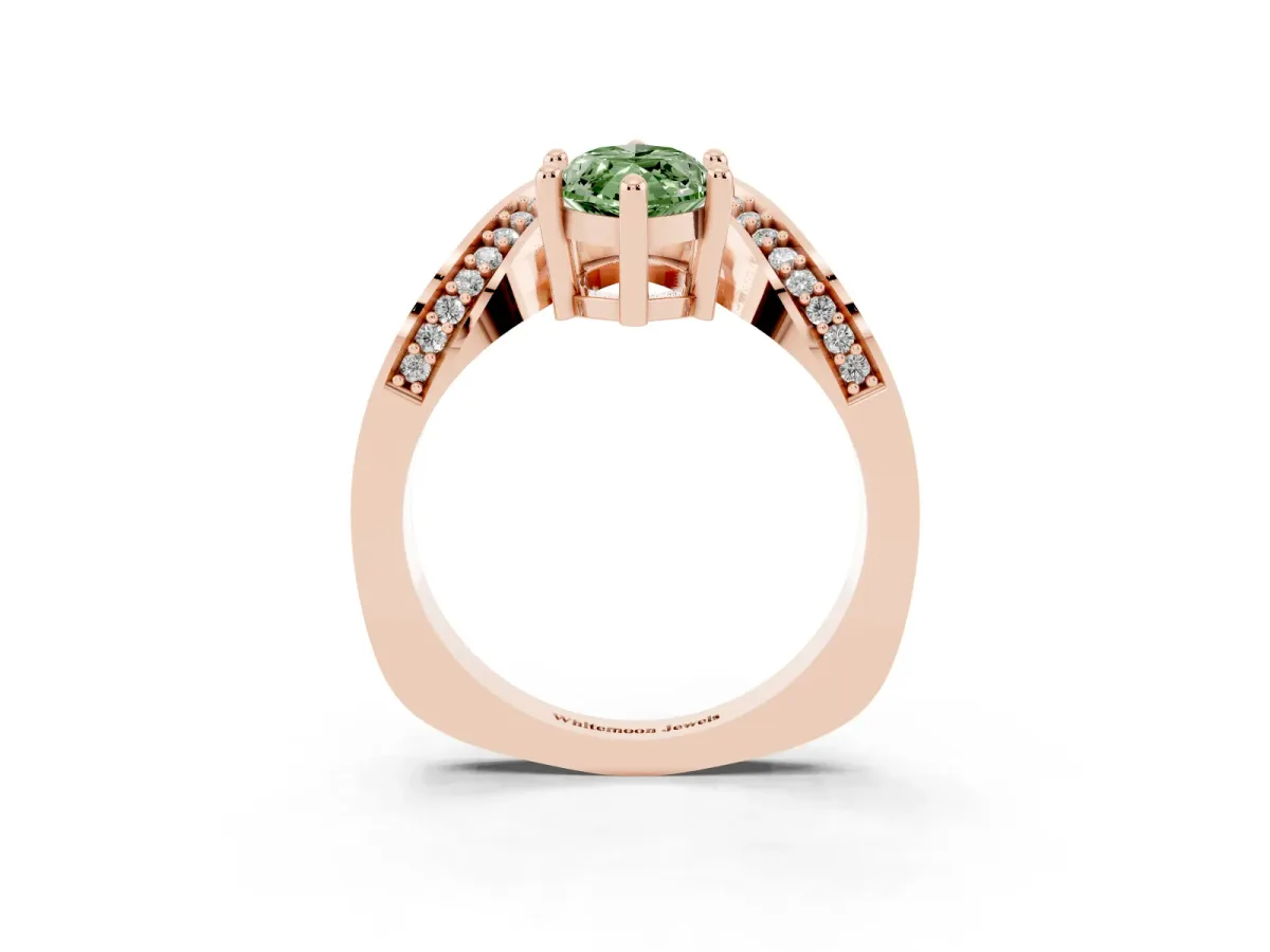 Fancy Green Marquise Cut Solitaire Diamond Engagement Ring with Pave Band and Four-Prong Setting Rose gold