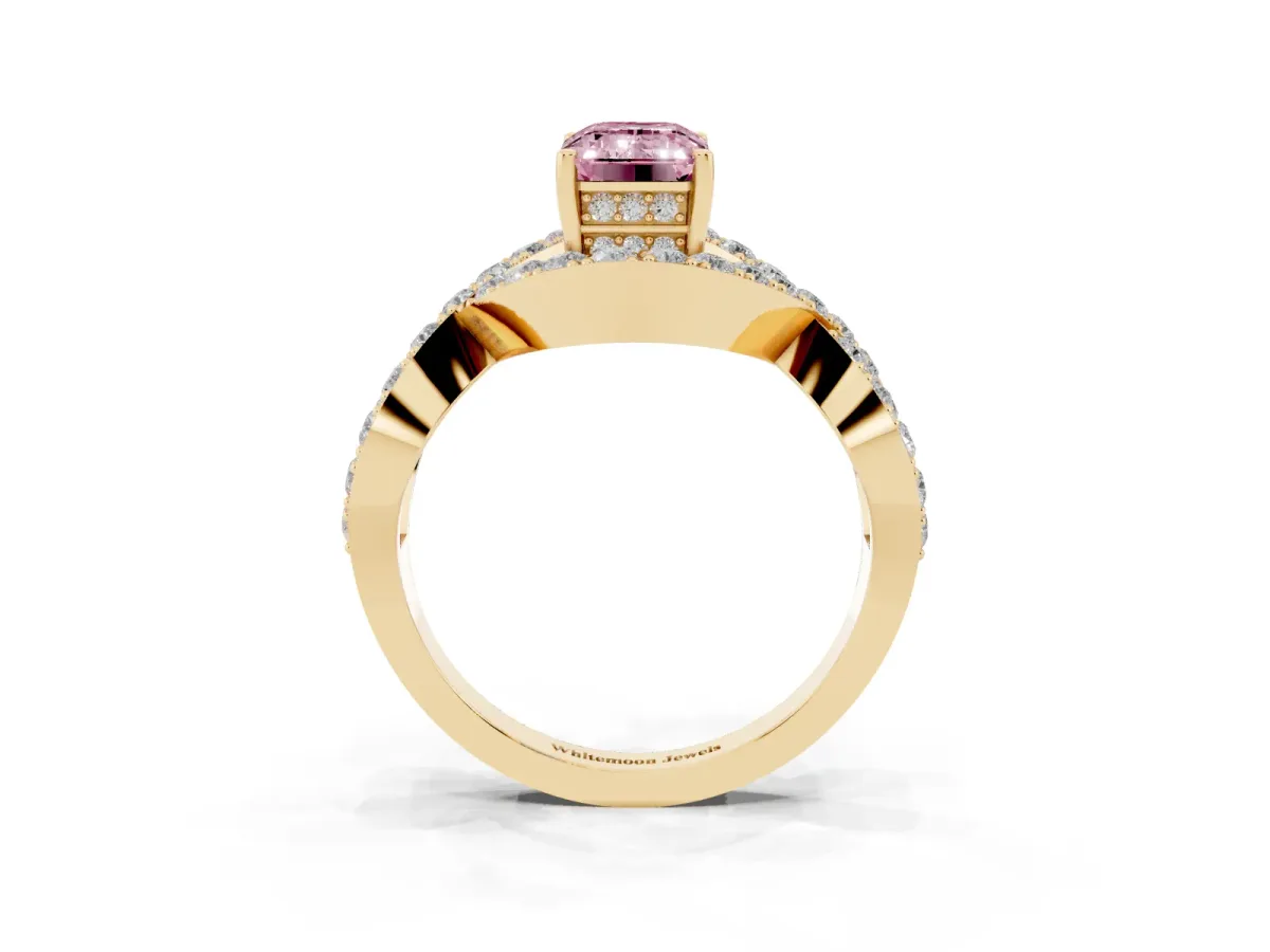 Fancy Pink Emerald Cut Solitaire Twist Band Pavé Diamond Engagement Ring Yellow gold