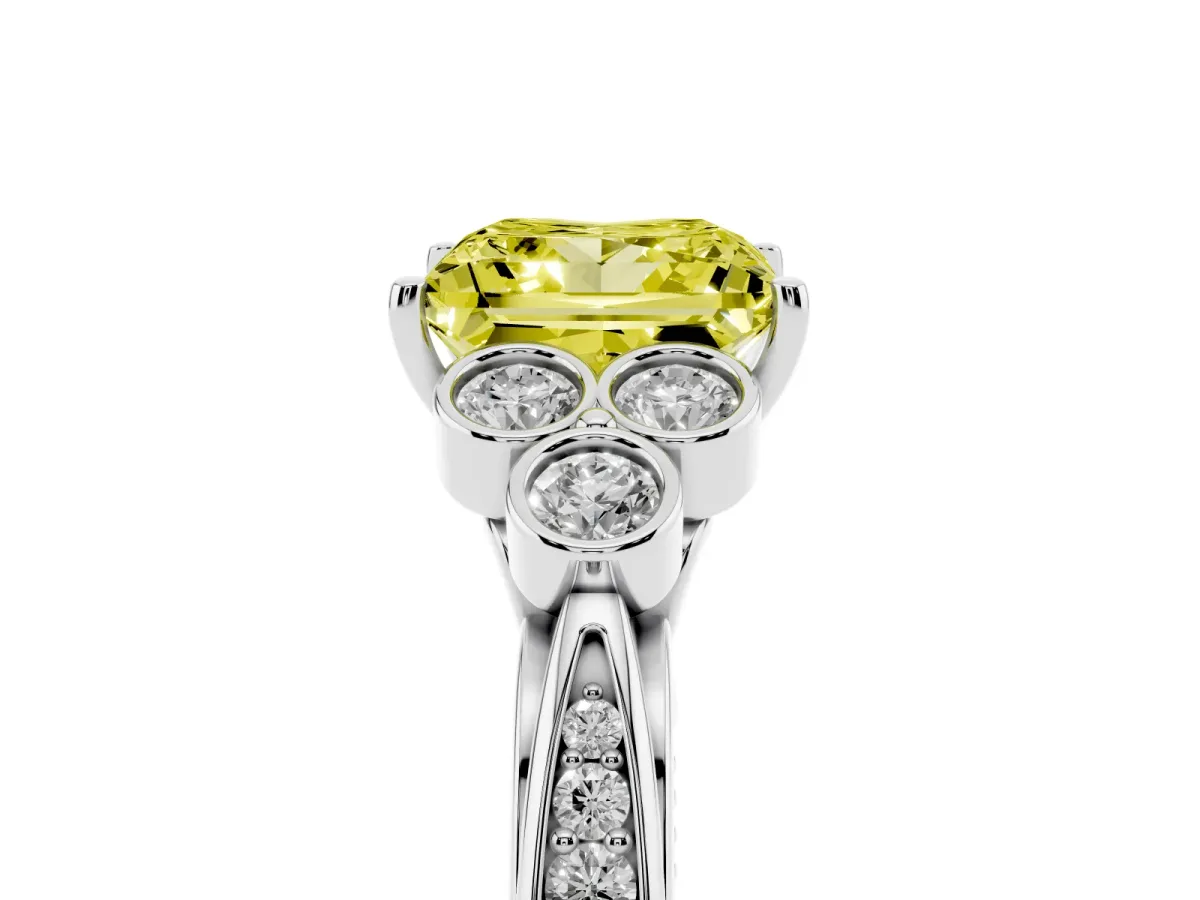 Fancy Yellow Princess Cut Cut Diamond Engagement Ring with Bezel Set Round Side Stones and Prong Setting Silver