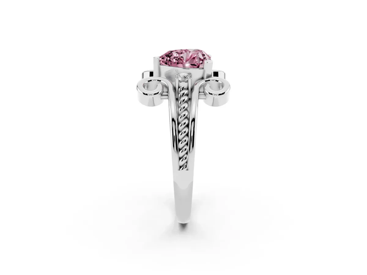 Fancy Pink Heart Cut Solitaire Twisted Band Scroll Prong Ring Silver