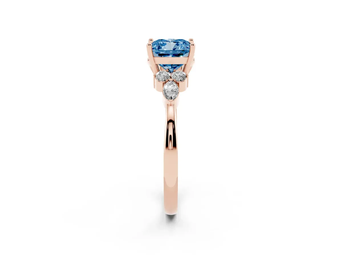 Fancy Blue Cushion Cut Brilliant Diamond Solitaire Ring with Pear Side Stones and Four-Prong Setting Rose gold