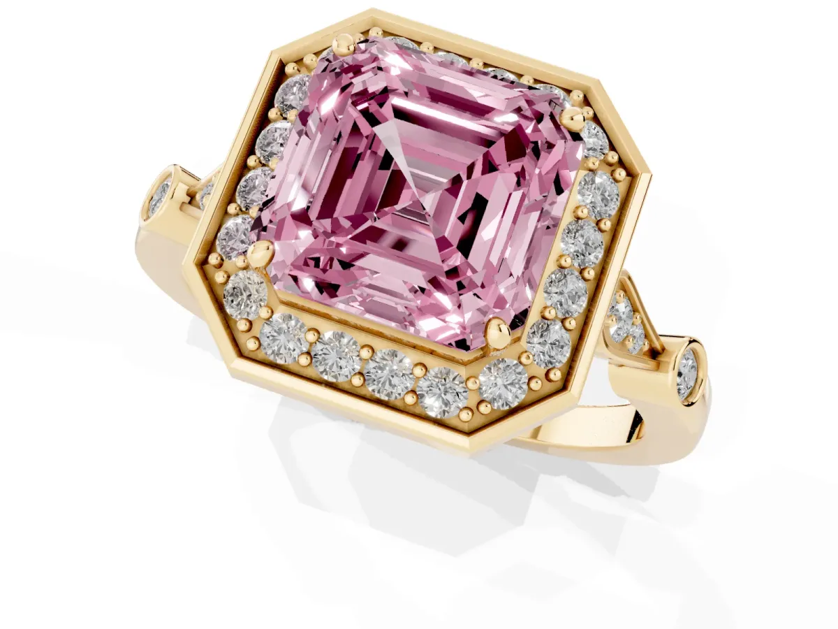 Fancy Pink Asscher Cut Halo Diamond Engagement Ring with Twisted Band and Four-Prong Setting Yellow gold