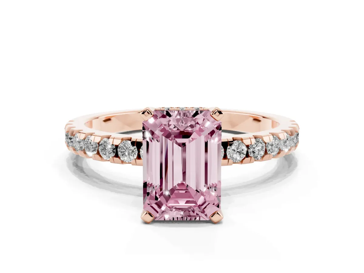 Fancy Pink Emerald Cut Diamond Solitaire Ring with Round Pavé Band and Four-Prong Setting Rose gold