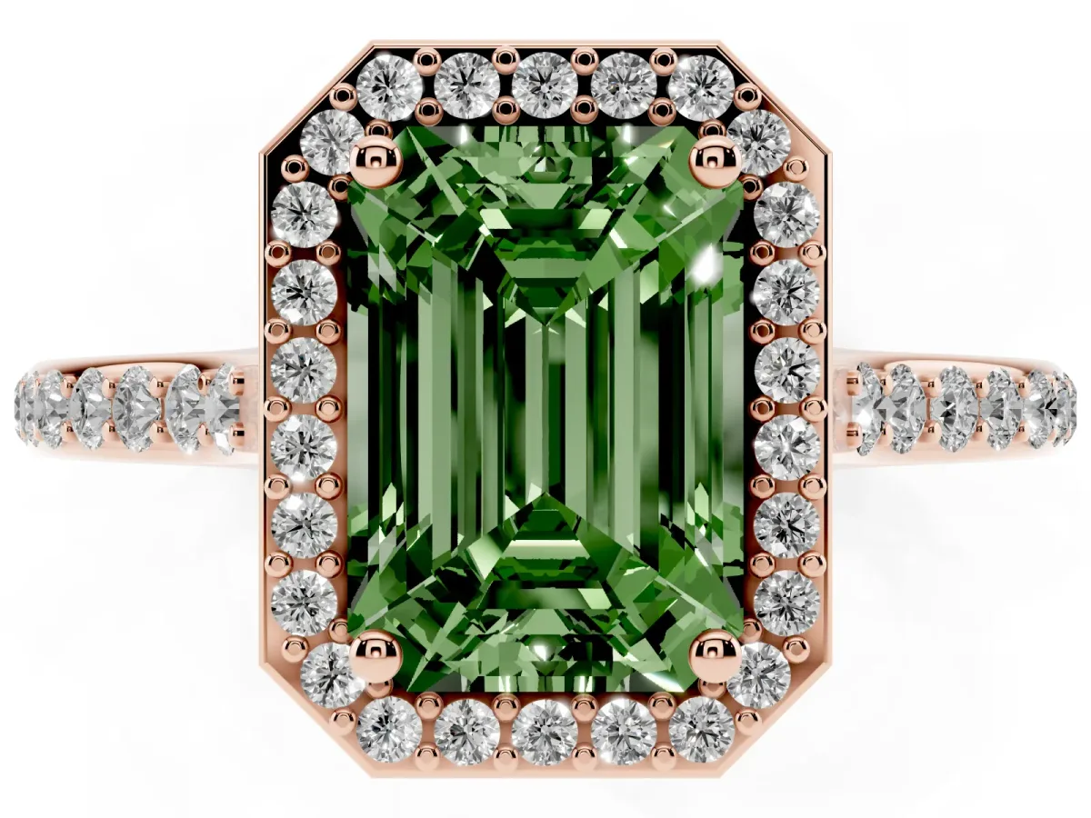 Fancy Green Emerald Cut Diamond Halo Engagement Ring with Round Pavé Shoulders and Prong Setting Rose gold
