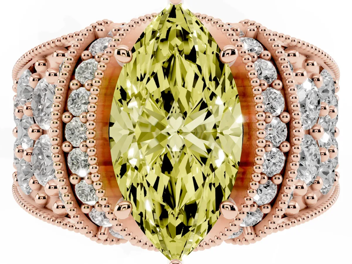 Fancy Yellow Marquise Cut Halo Pave Diamond Engagement Ring with Milgrain Detailing Rose gold