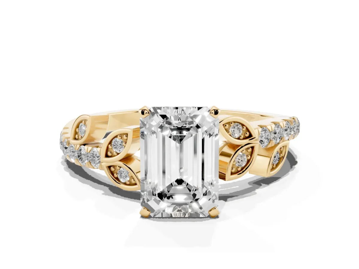 Emerald Cut Solitaire Leaf-Inspired Diamond Ring with Pavé Band and Four-Prong Setting Yellow gold