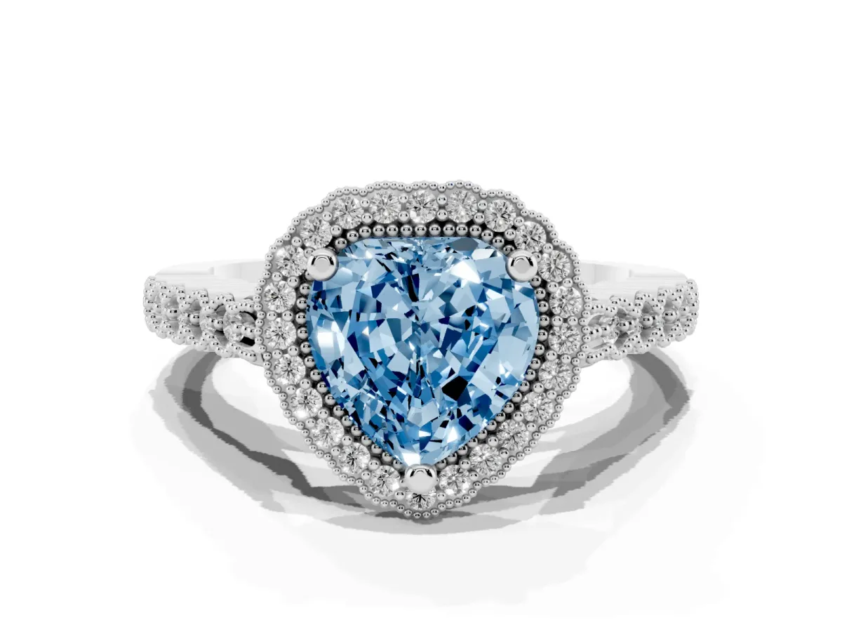 Fancy Blue Heart Cut Cut Halo Pavé Solitaire Ring with Milgrain Band Silver