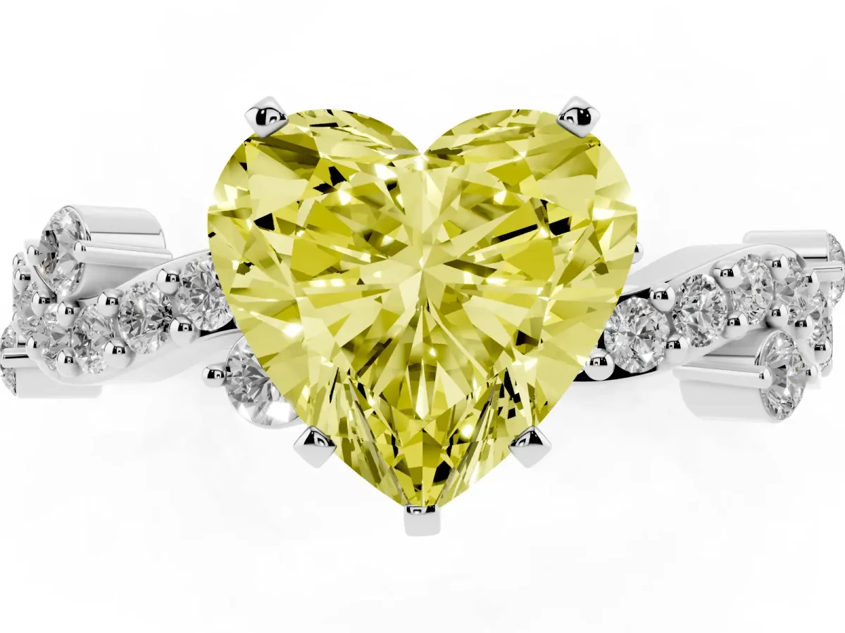 Fancy Yellow Heart Cut Cut Solitaire Diamond Twisted Band with Pave Setting Platinum