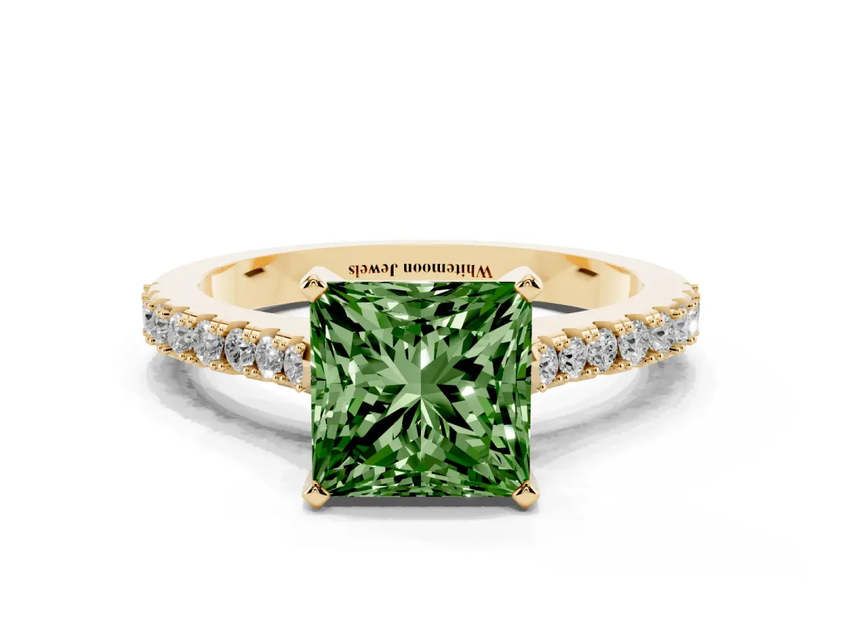 Fancy Green Princess Cut Cut Solitaire Diamond Engagement Ring with Pave Band and Four-Prong Setting Yellow gold