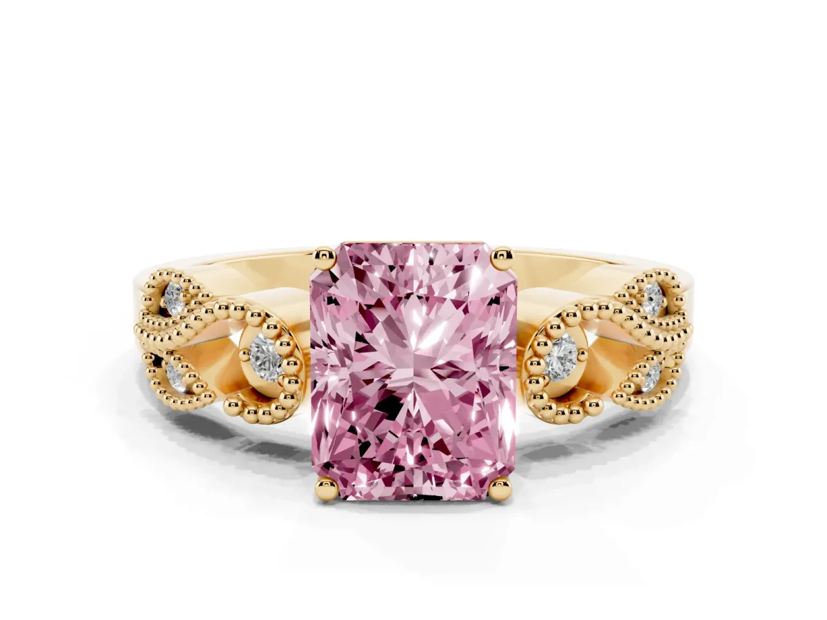 Fancy Pink Radiant Cut Solitaire Milgrain Leaf Band with Prong Setting Yellow gold