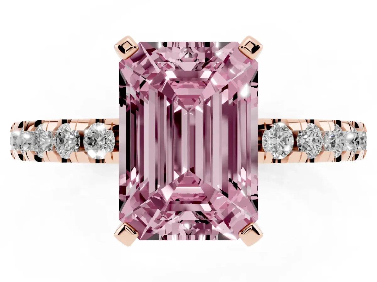 Fancy Pink Emerald Cut Diamond Solitaire Ring with Round Pavé Band and Four-Prong Setting Rose gold