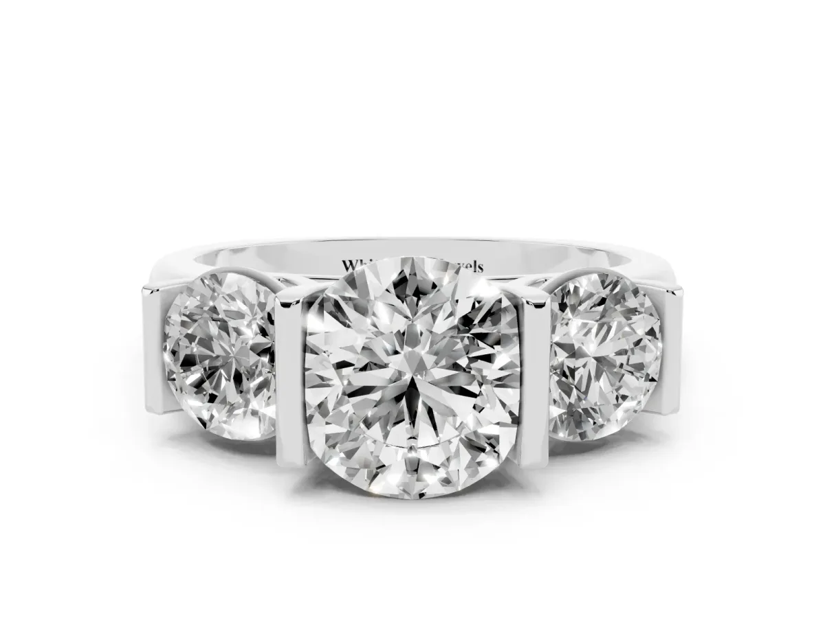 Three-Stone Round Cut Brilliant Diamond Ring with Channel Setting and White Gold Band Silver