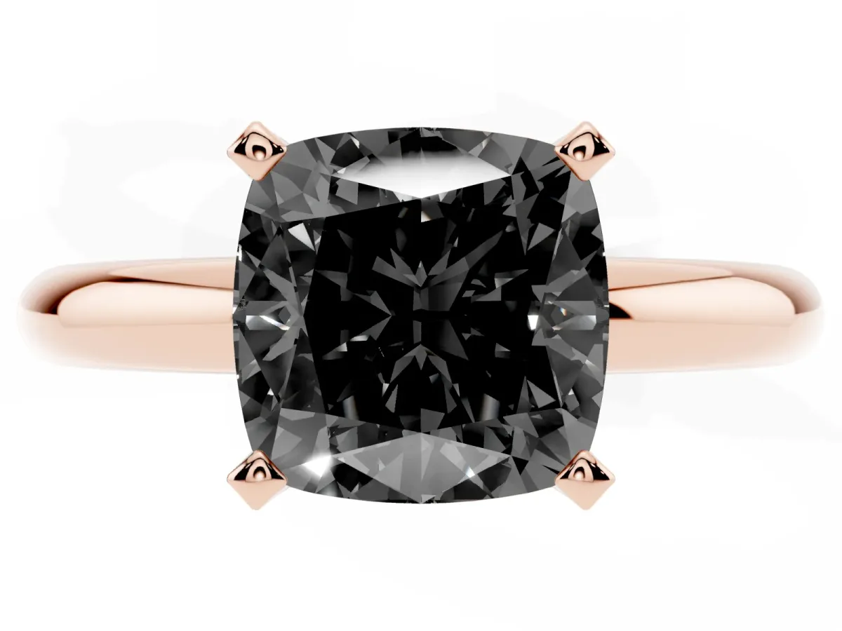 Fancy Black Cushion Cut Diamond Solitaire Engagement Ring with Round Band and Four-Prong Setting Rose gold