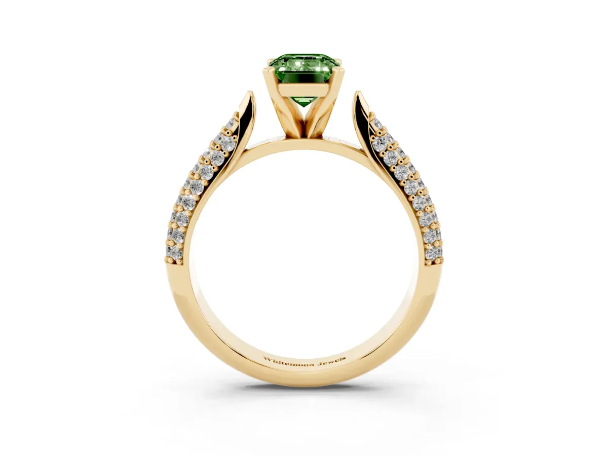 Fancy Green Emerald Cut Diamond Solitaire Engagement Ring with Multi-Row Round Pavé Band and Prong Setting Yellow gold