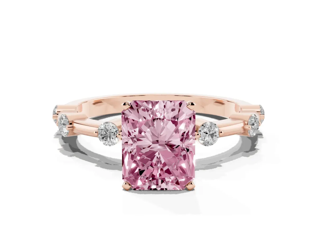 Fancy Pink Radiant Cut Solitaire Diamond Ring with Bezel Set Side Stones and Prong Setting Rose gold