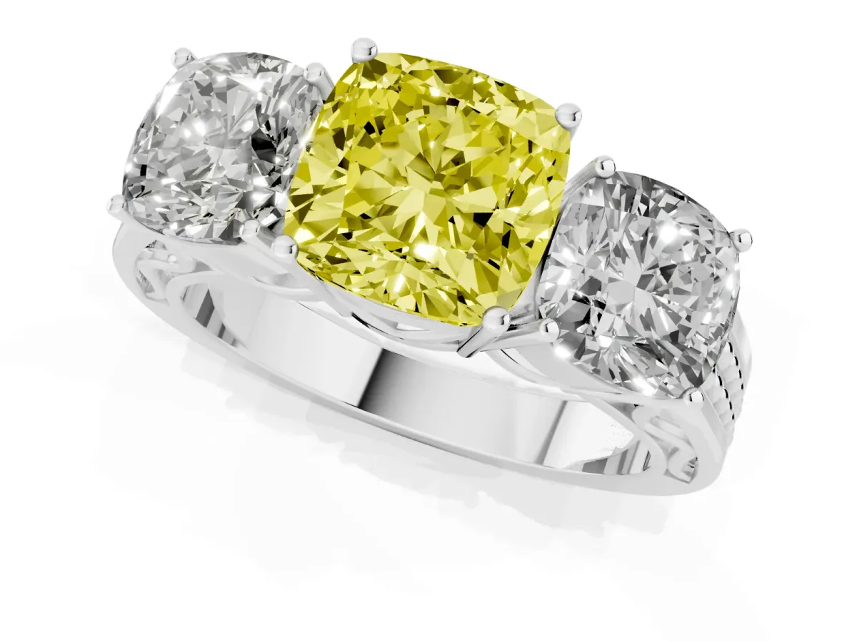 Fancy Yellow Cushion Cut Diamond Three-Stone Ring with Prong Setting and Textured Band Silver