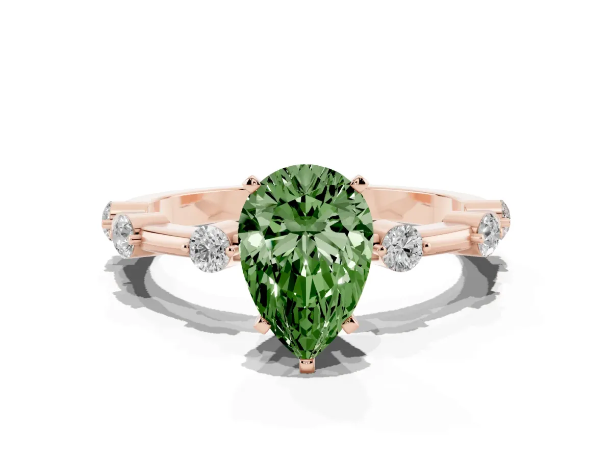 Fancy Green Pear Cut Solitaire Diamond Ring with Bezel Set Side Stones and Prong Setting Rose gold