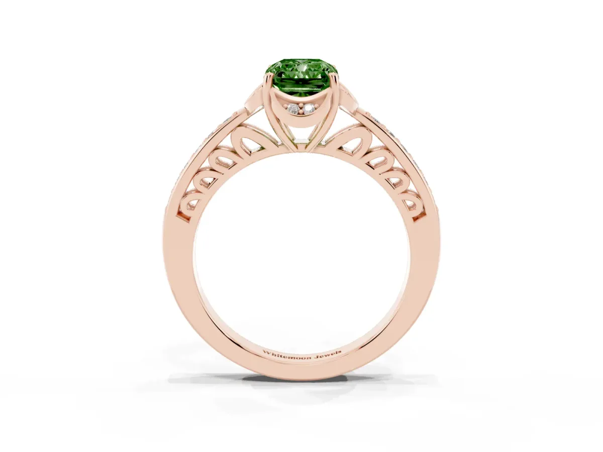 Fancy Green Radiant Cut Cut Halo Diamond Ring with Channel Set Band and Four-Prong Setting Rose gold