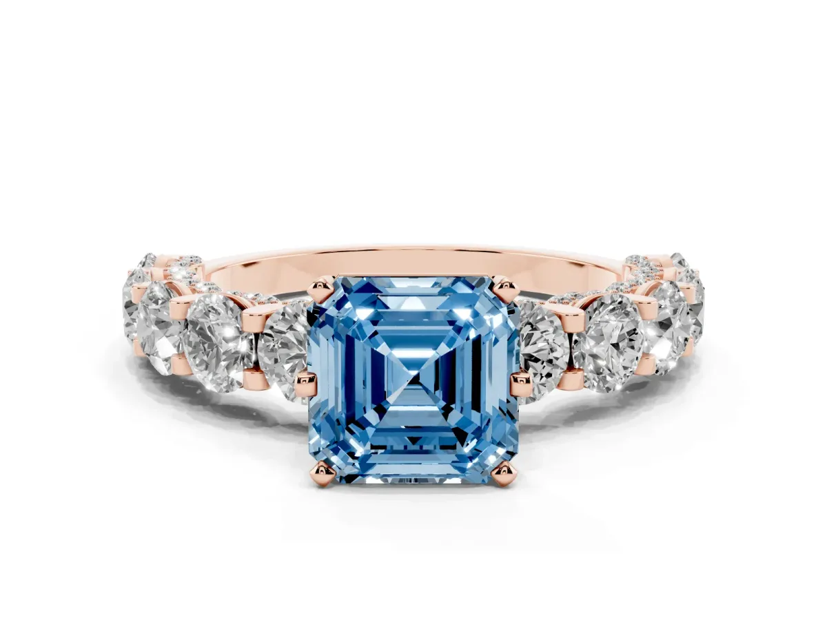 Fancy Blue Asscher Cut Diamond Side Stone Engagement Ring with Four-Prong Setting Rose gold