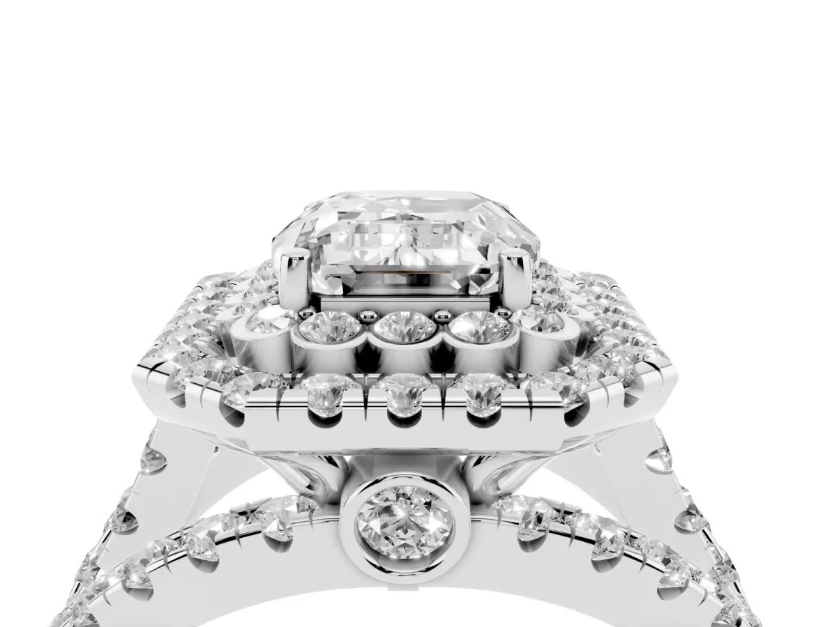 Emerald Cut Diamond Double Halo Ring with Round Pavé Split Shank and Prong Setting Platinum