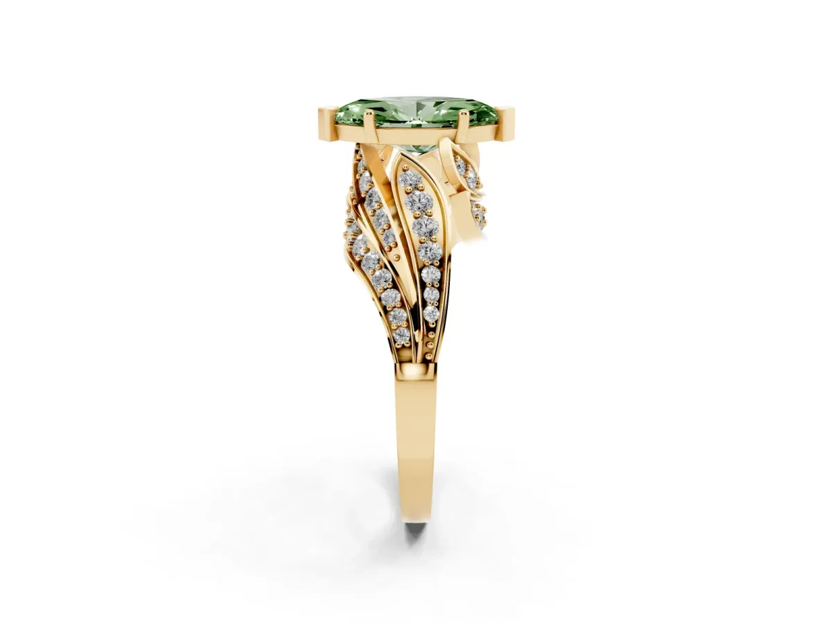 Fancy Green Marquise Cut Diamond Solitaire Ring with Prong Setting and Twisted Pavé Band Yellow gold