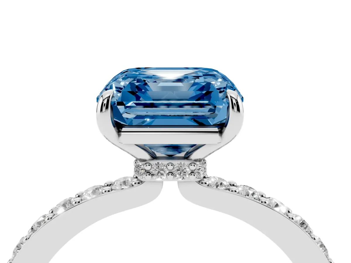 Fancy Blue Asscher Cut Diamond Pavé Engagement Ring with Round Accents and Prong Setting Silver