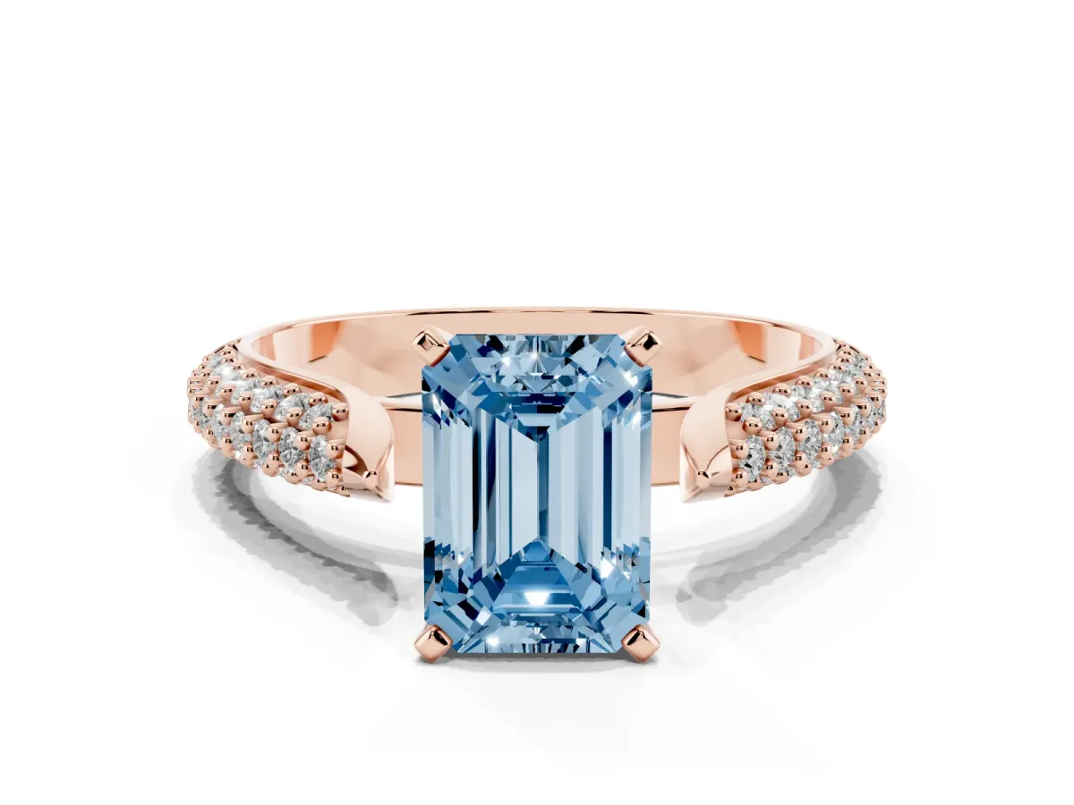 Fancy Blue Emerald Cut Diamond Solitaire Engagement Ring with Multi-Row Round Pavé Band and Prong Setting Rose gold