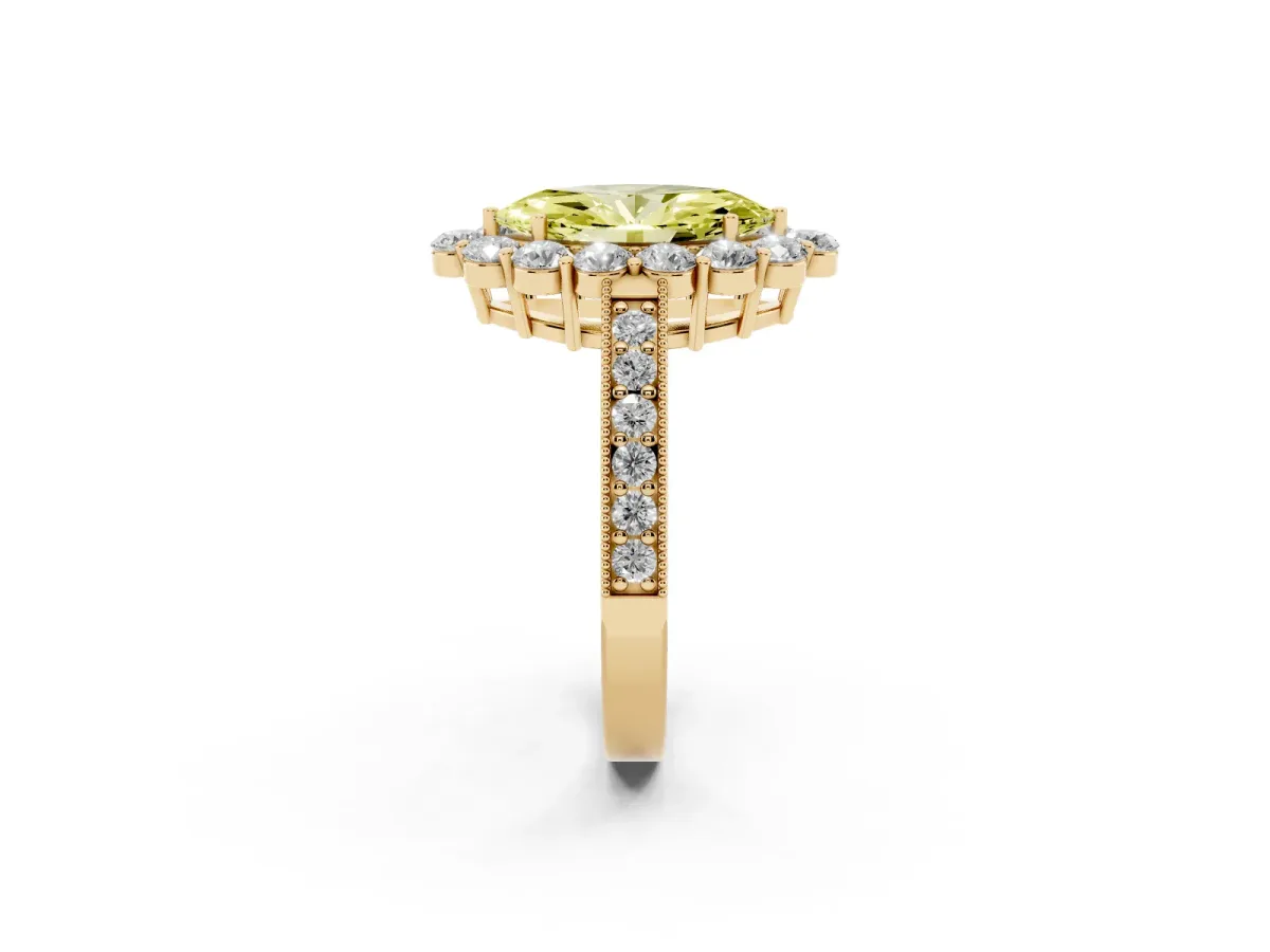 Fancy Yellow Marquise Cut Cut Halo Diamond Pavé Engagement Ring with Milgrain Detailing Yellow gold