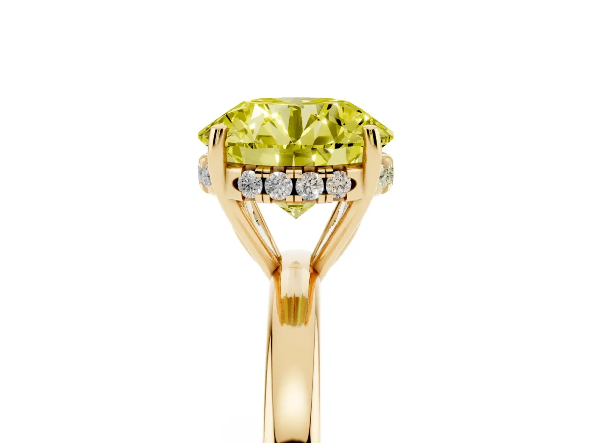 Fancy Yellow Round Cut Solitaire Diamond Ring with Prong Setting and Plain Band Yellow gold
