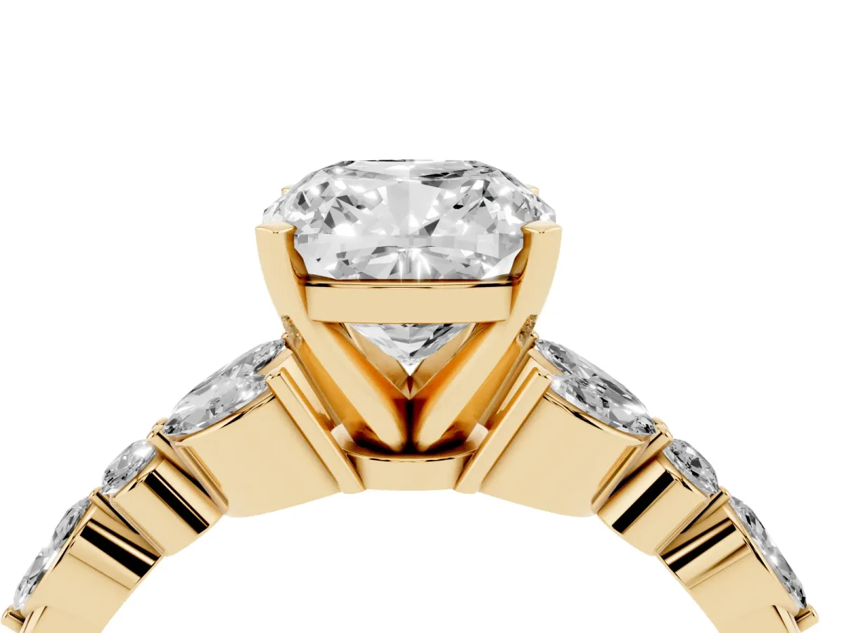 Cushion Cut Diamond Solitaire Ring with Side Stones and Four-Prong Setting Yellow gold