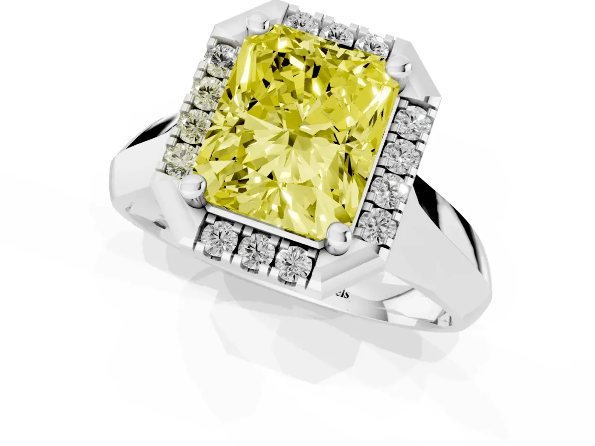 Fancy Yellow Radiant Cut Cut Halo Solitaire Engagement Ring with Square Band and Four-Prong Setting Silver