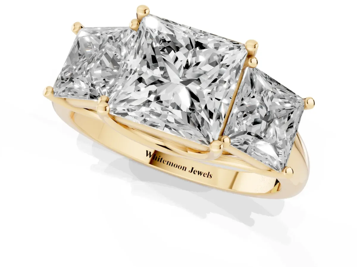 Three-Stone Princess Cut Diamond Engagement Ring with Prong Setting Yellow gold