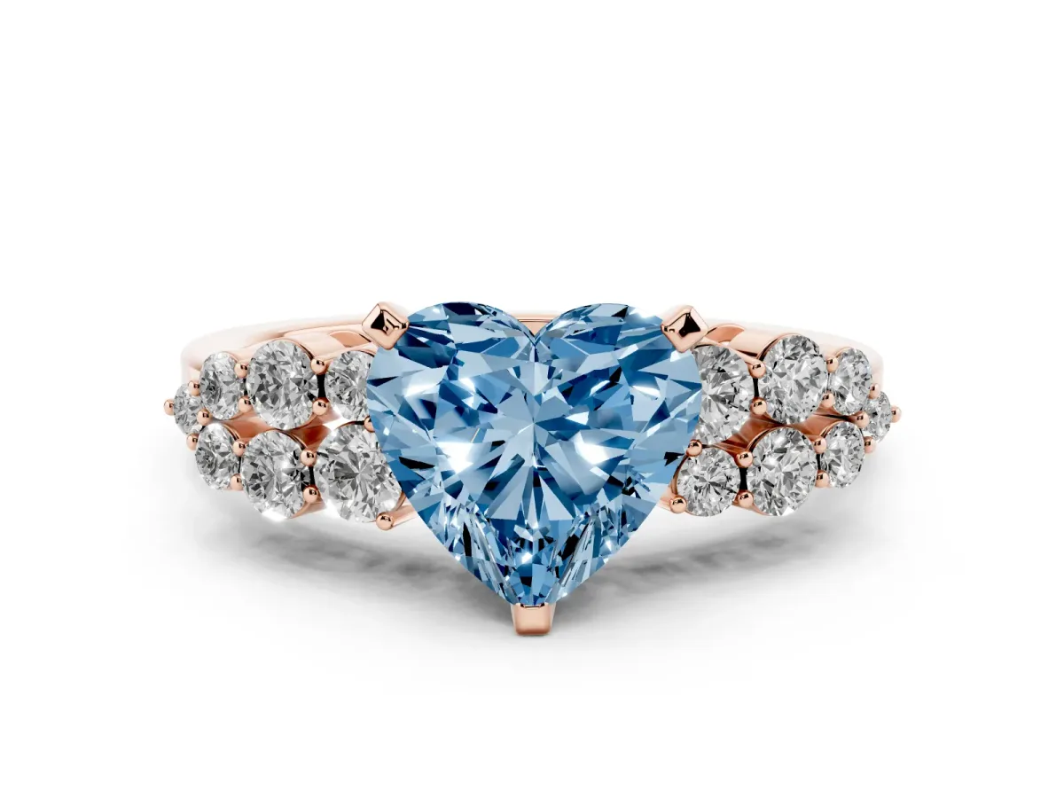 Fancy Blue Heart Cut Cluster Diamond Engagement Ring with Pavé Band and Four-Prong Setting Rose gold