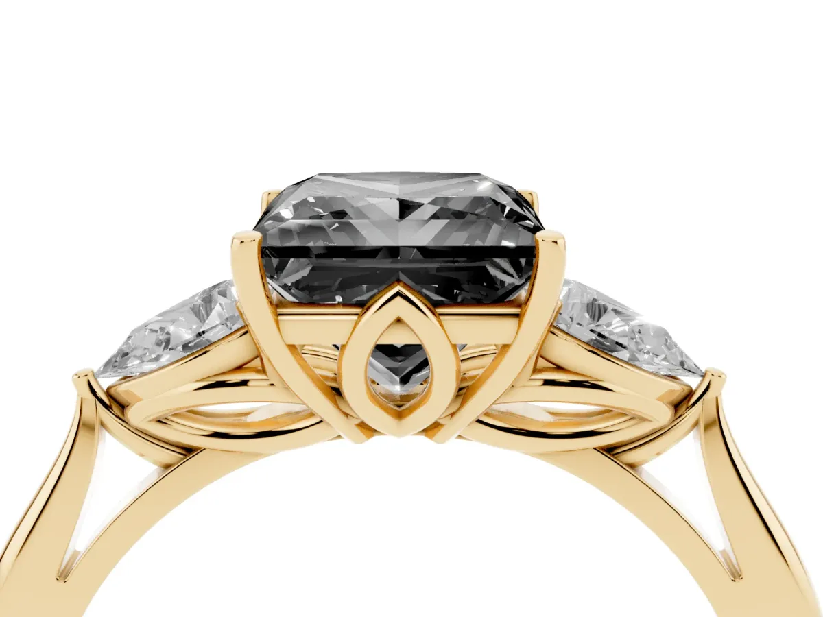 Fancy Black Princess Cut Diamond Three-Stone Ring with Pear Side Stones and Prong Setting Yellow gold