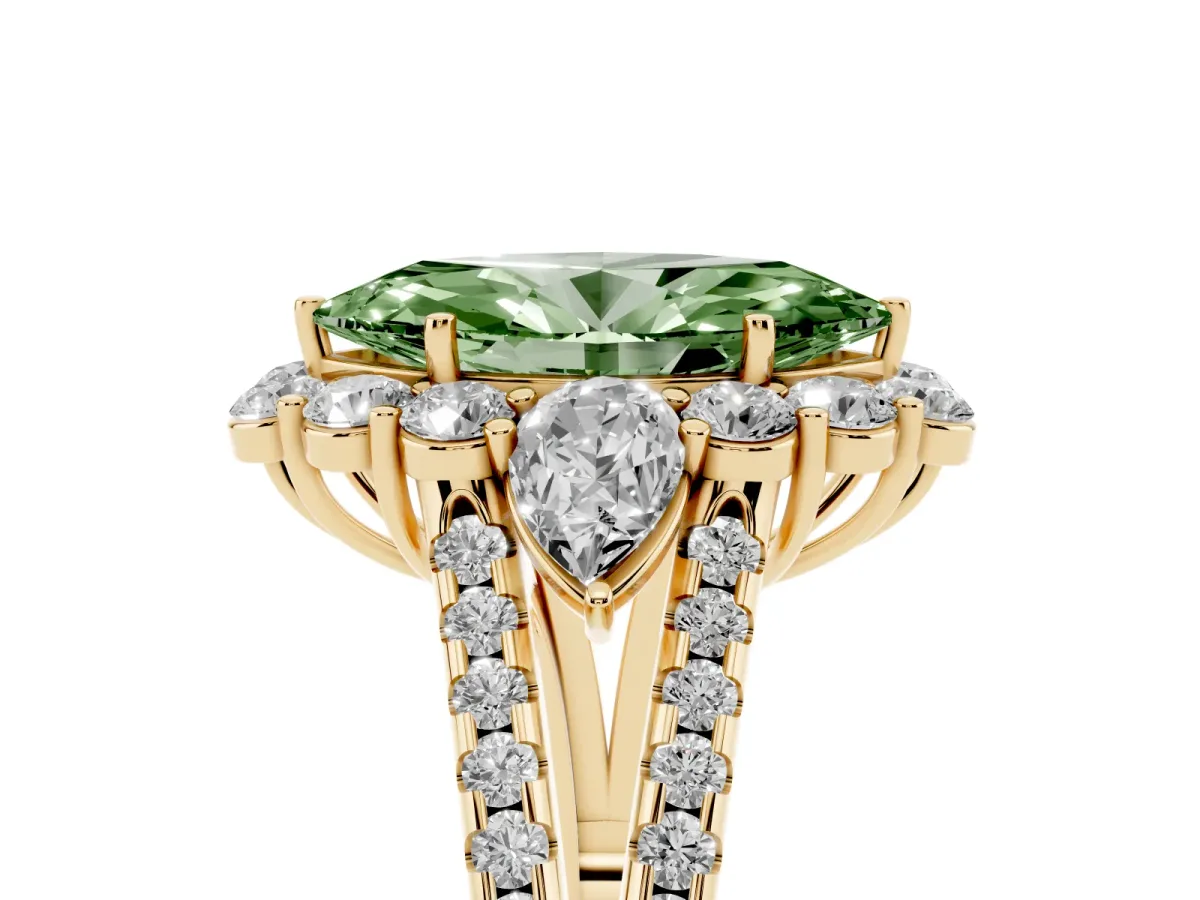 Fancy Green Marquise Cut Halo Split Shank Diamond Engagement Ring with Prong Setting Yellow gold